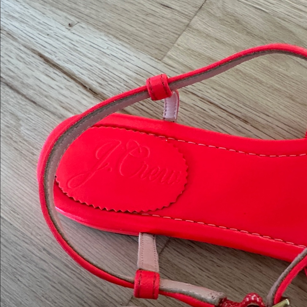 J. Crew Womens Abbie Flat T-Strap Leather Sandals Neon Poppy Size 7 NWOB Preppy - Picture 9 of 10
